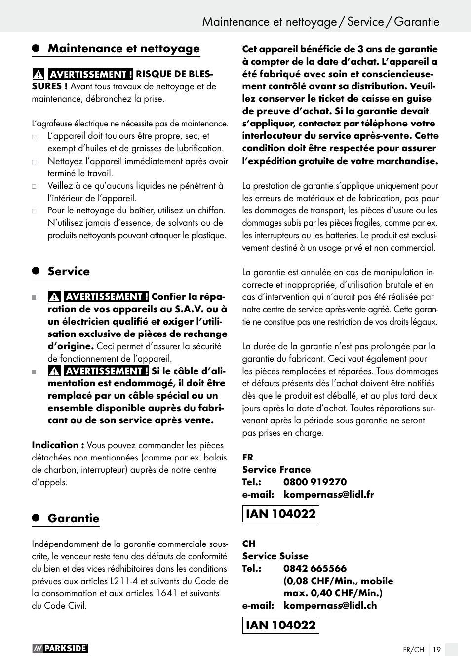 Maintenance et nettoyage, Service, Garantie | Parkside PET 25 B1 User Manual | Page 19 / 36