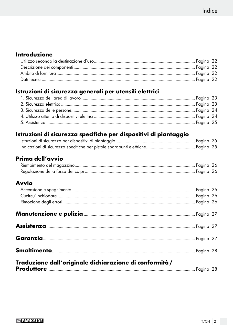 Indice | Parkside PET 25 B1 User Manual | Page 21 / 36
