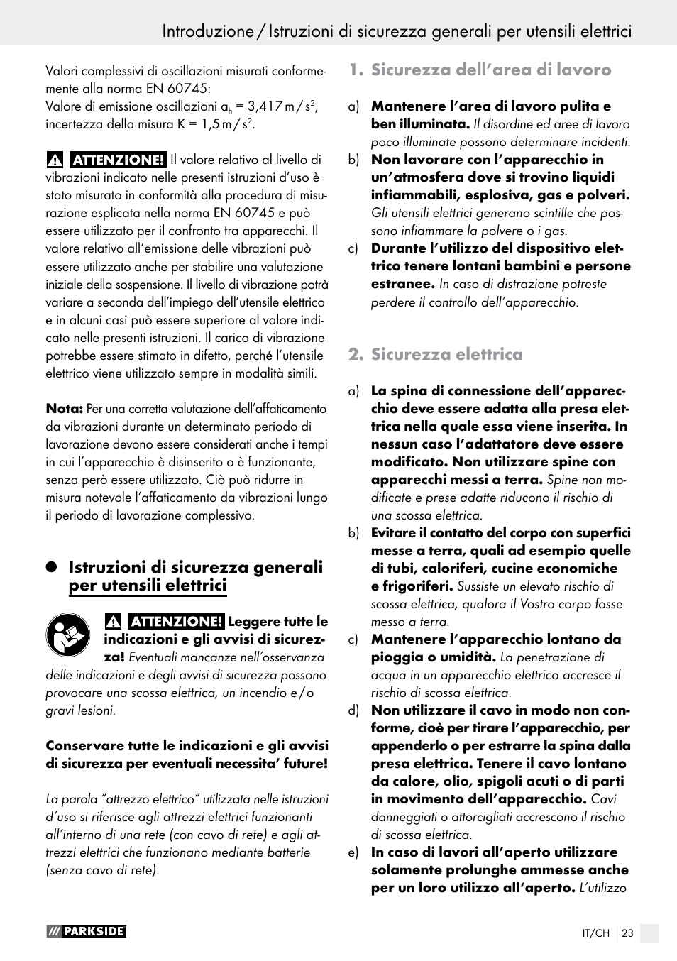 Sicurezza dell’area di lavoro, Sicurezza elettrica | Parkside PET 25 B1 User Manual | Page 23 / 36