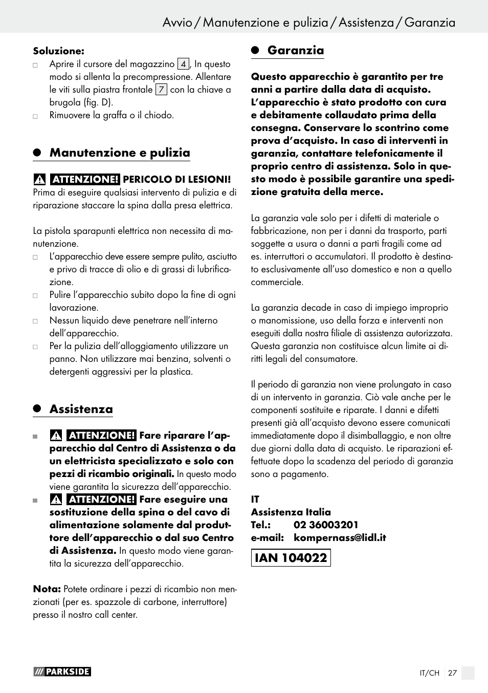 Manutenzione e pulizia, Assistenza, Garanzia | Parkside PET 25 B1 User Manual | Page 27 / 36