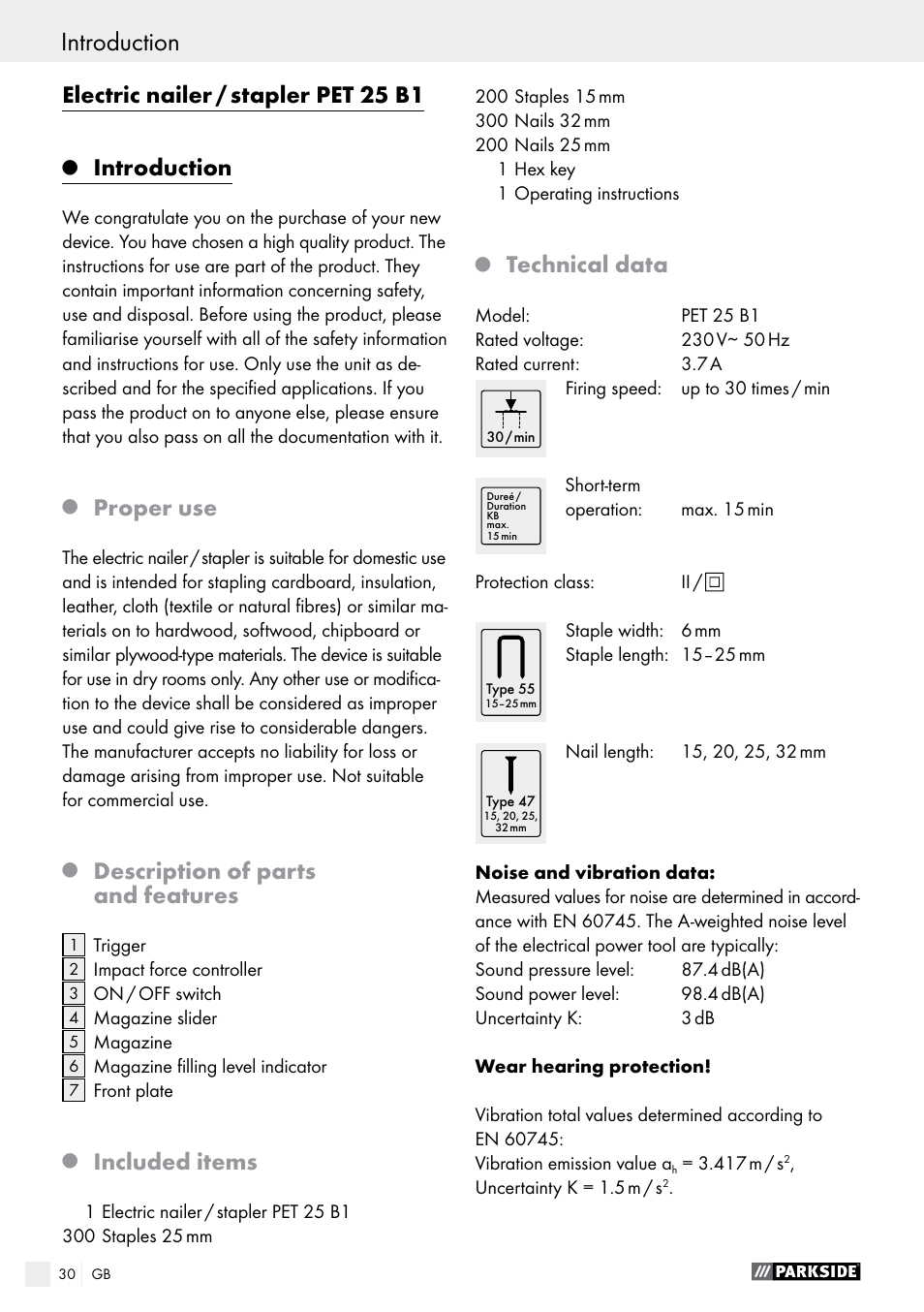 Electric nailer / stapler pet 25 b1, Introduction, Proper use | Description of parts and features, Included items, Technical data | Parkside PET 25 B1 User Manual | Page 30 / 36