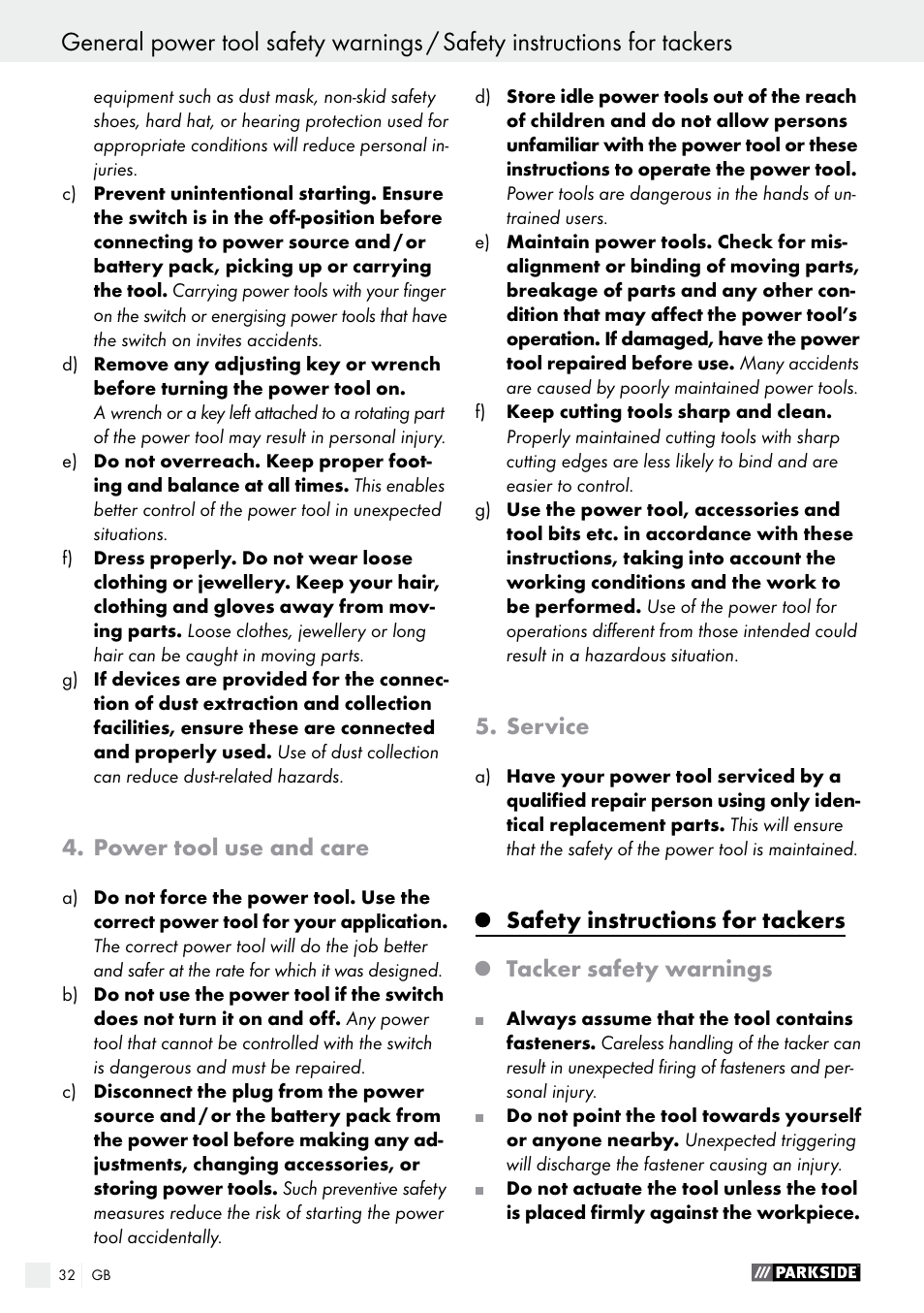 Power tool use and care, Service, Safety instructions for tackers | Tacker safety warnings | Parkside PET 25 B1 User Manual | Page 32 / 36