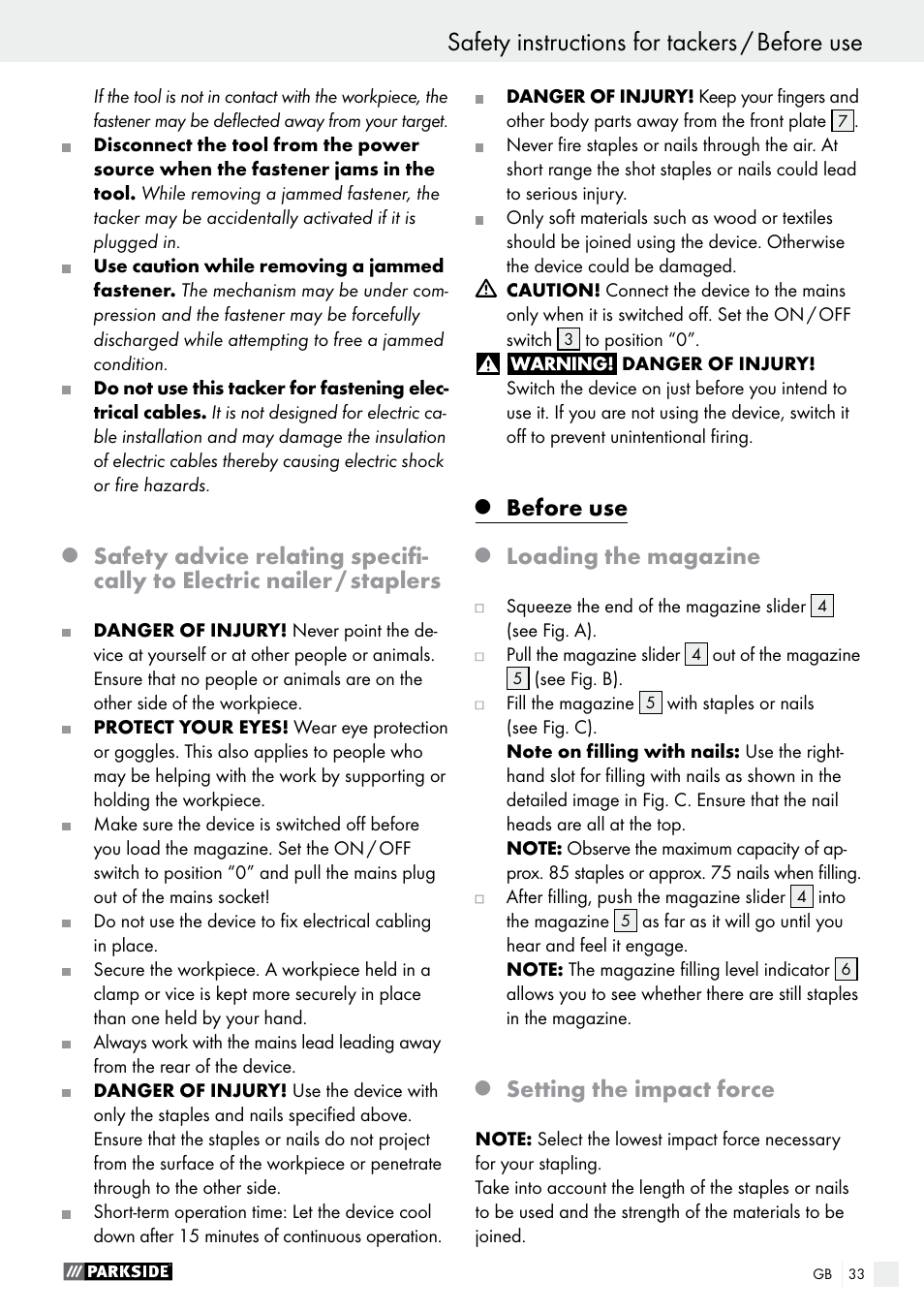 Before use, Loading the magazine, Setting the impact force | Parkside PET 25 B1 User Manual | Page 33 / 36