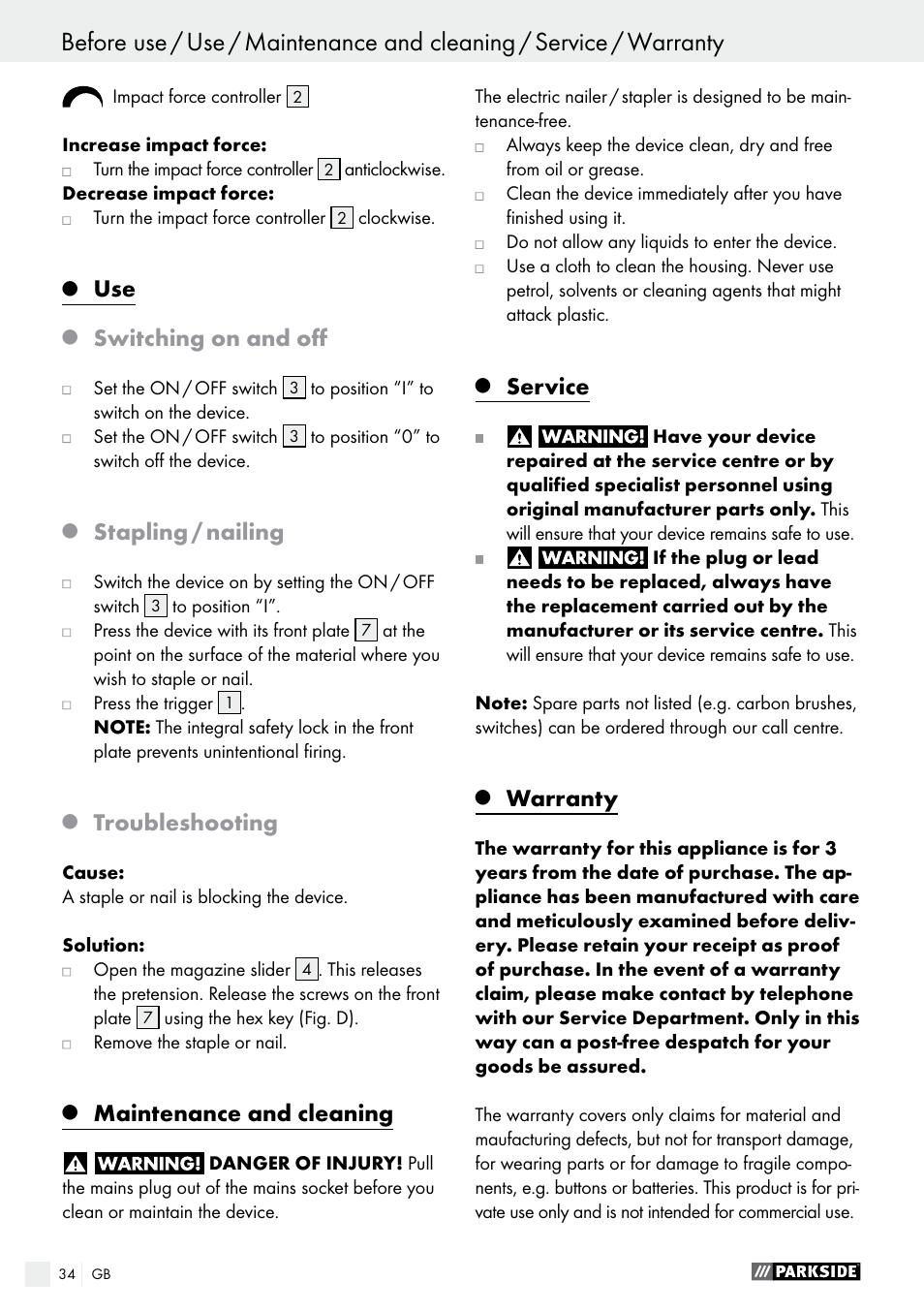 Switching on and off, Stapling / nailing, Troubleshooting | Maintenance and cleaning, Service, Warranty | Parkside PET 25 B1 User Manual | Page 34 / 36