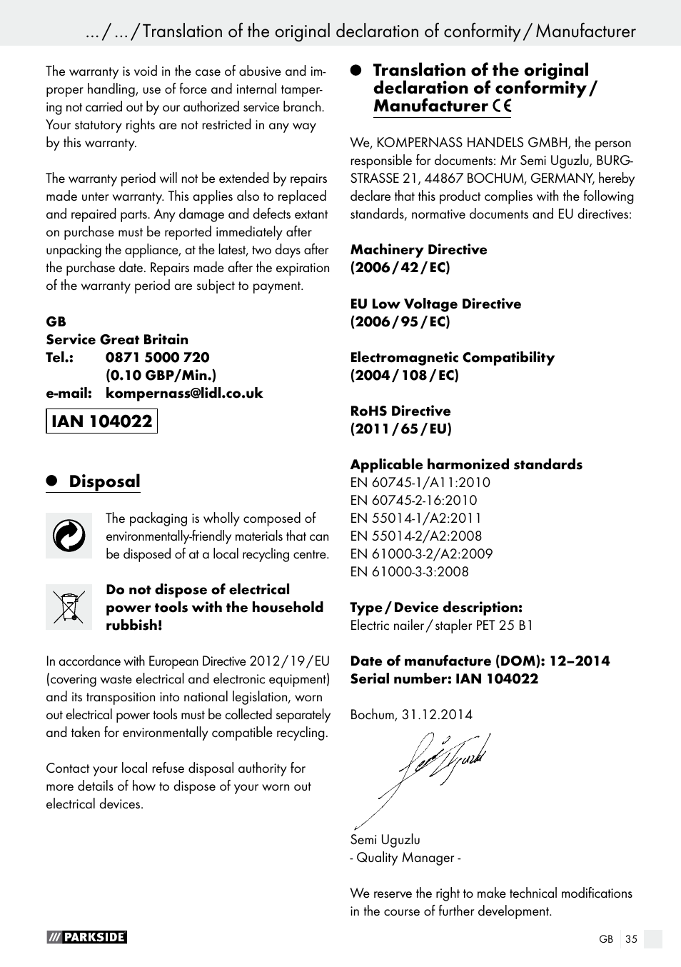 Parkside PET 25 B1 User Manual | Page 35 / 36