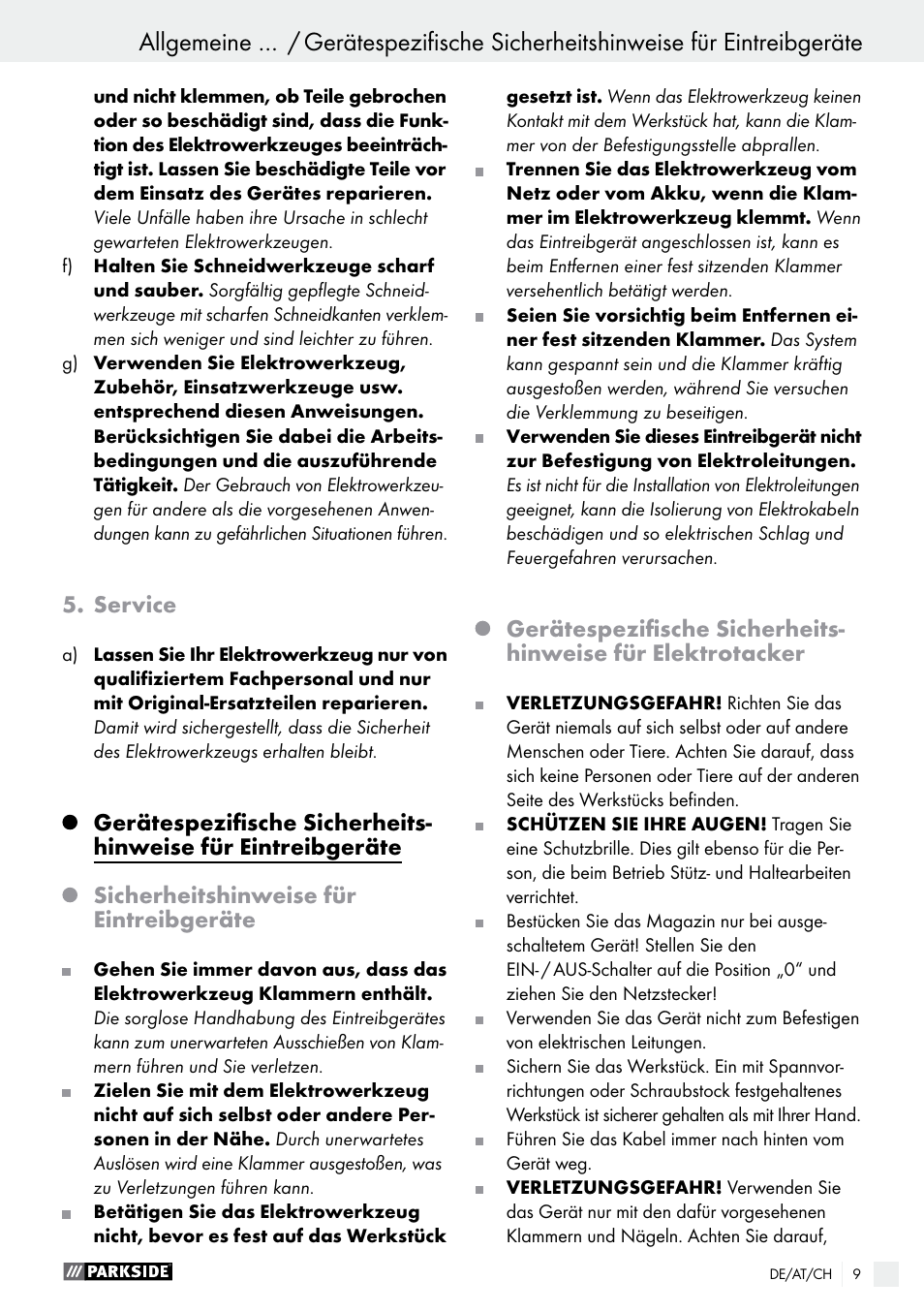 Service, Sicherheitshinweise für eintreibgeräte | Parkside PET 25 B1 User Manual | Page 9 / 36