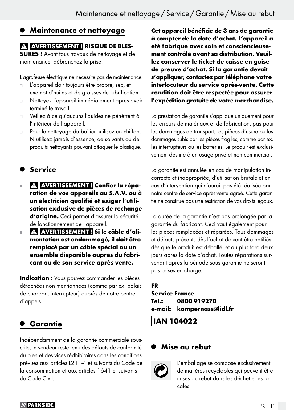 Maintenance et nettoyage, Service, Garantie | Mise au rebut | Parkside PET 25 B1 User Manual | Page 11 / 28