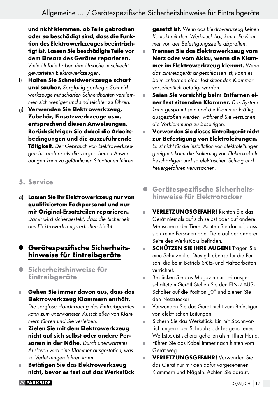 Service, Sicherheitshinweise für eintreibgeräte | Parkside PET 25 B1 User Manual | Page 17 / 28