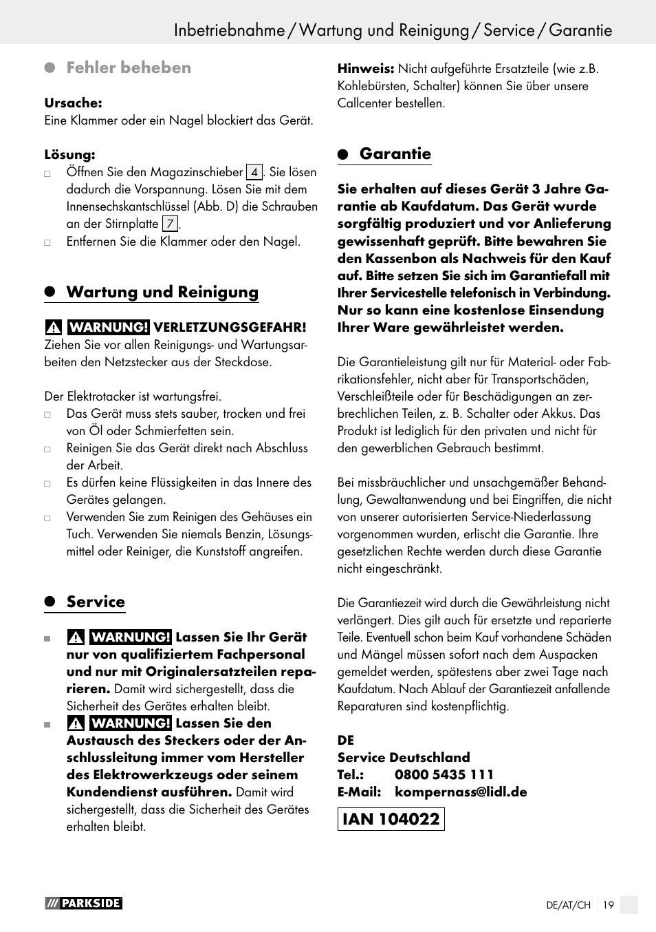 Fehler beheben, Wartung und reinigung, Service | Garantie | Parkside PET 25 B1 User Manual | Page 19 / 28