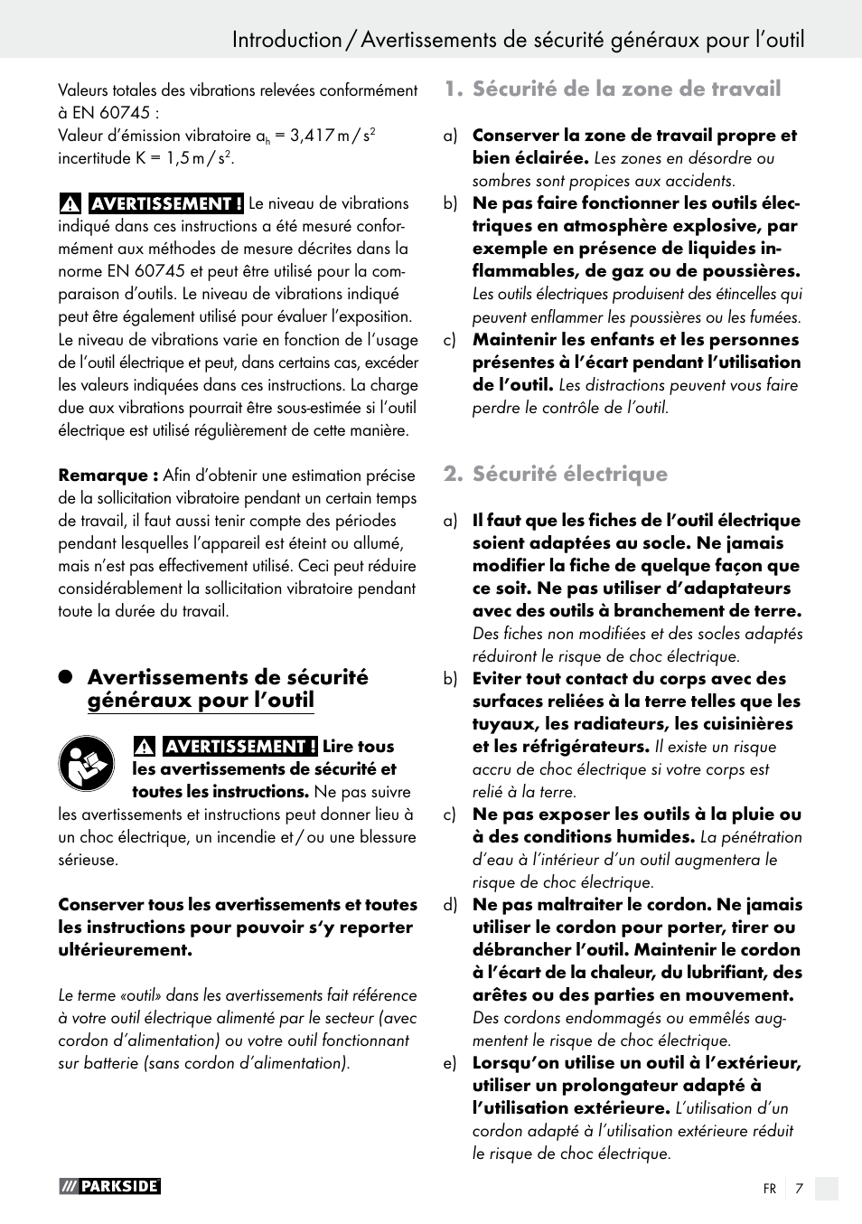 Avertissements de sécurité généraux pour l’outil, Sécurité de la zone de travail, Sécurité électrique | Parkside PET 25 B1 User Manual | Page 7 / 28