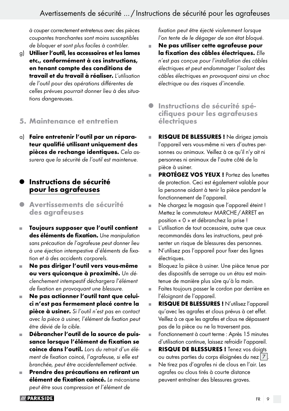 Maintenance et entretien, Instructions de sécurité pour les agrafeuses, Avertissements de sécurité des agrafeuses | Parkside PET 25 B1 User Manual | Page 9 / 28