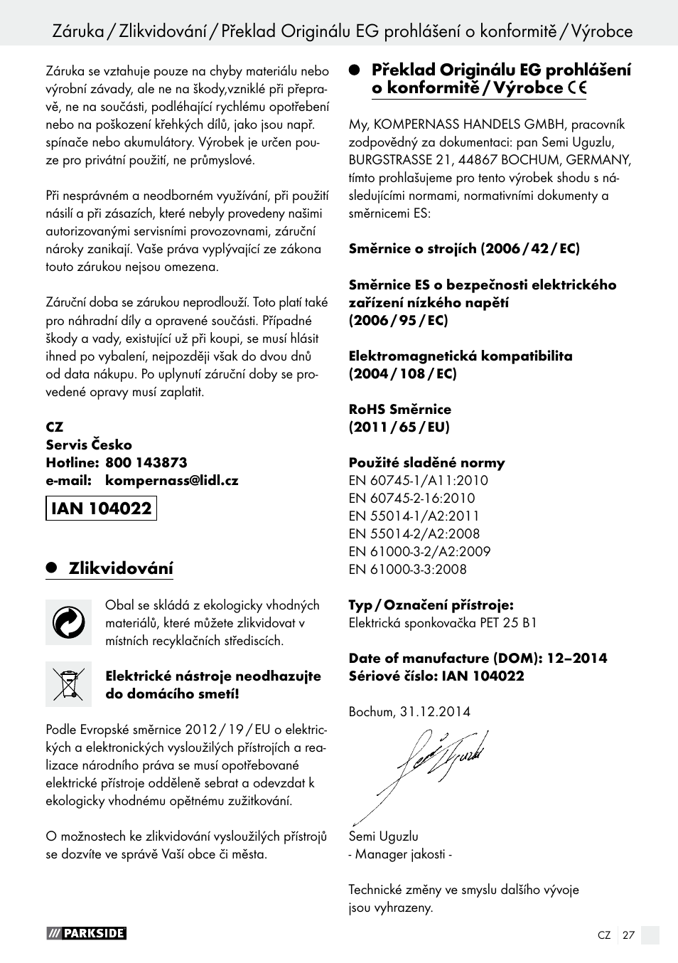 Zlikvidování | Parkside PET 25 B1 User Manual | Page 27 / 45