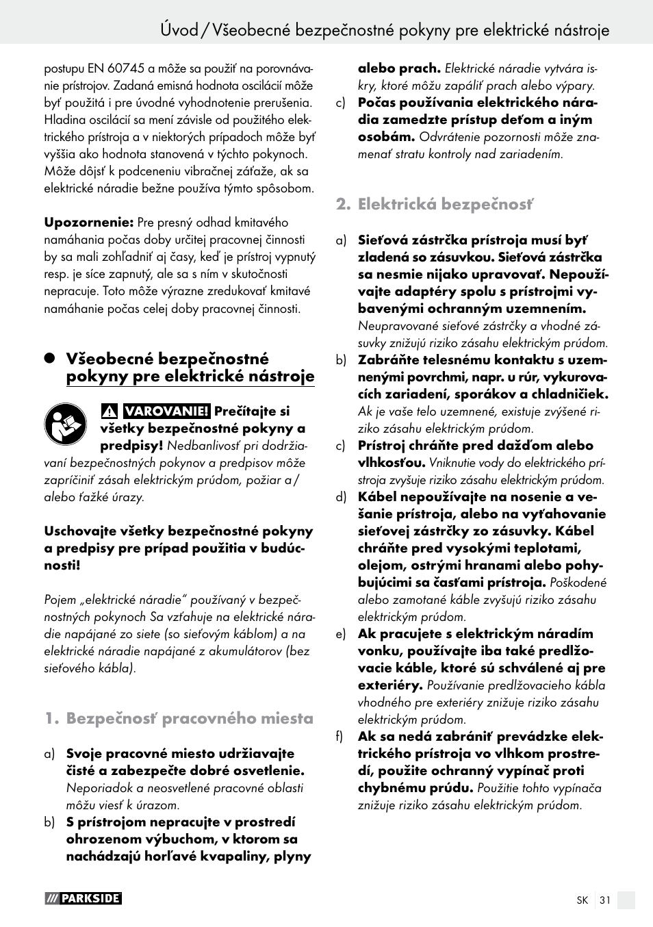 Bezpečnosť pracovného miesta, Elektrická bezpečnosť | Parkside PET 25 B1 User Manual | Page 31 / 45