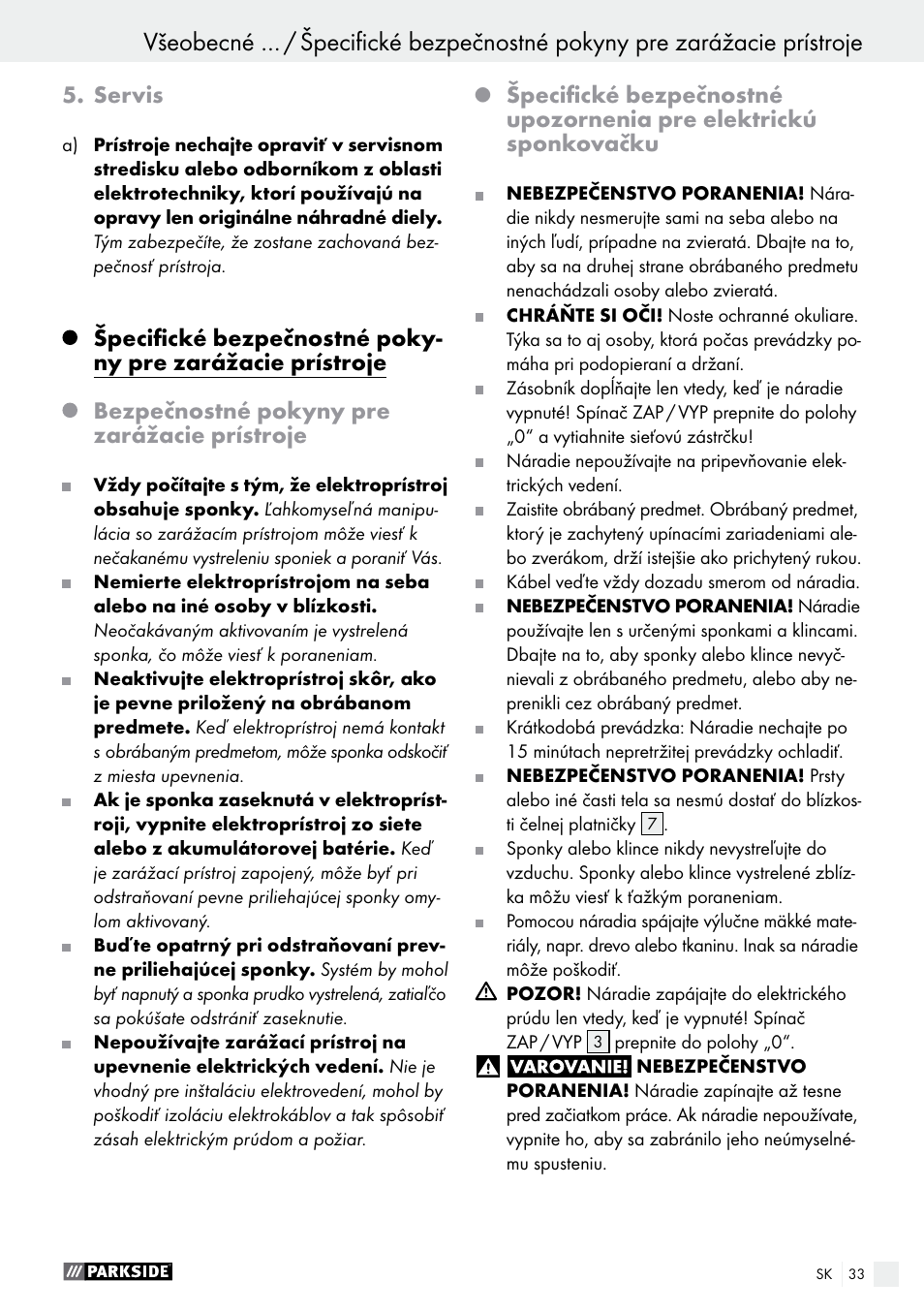 Servis, Bezpečnostné pokyny pre zarážacie prístroje | Parkside PET 25 B1 User Manual | Page 33 / 45