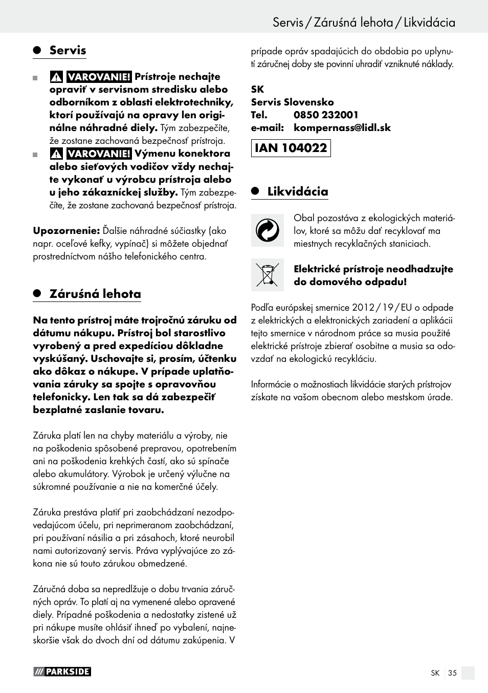 Servis / záruśná lehota / likvidácia, Servis, Záruśná lehota | Likvidácia | Parkside PET 25 B1 User Manual | Page 35 / 45