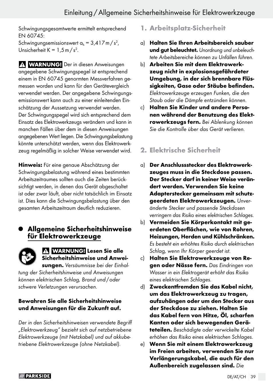 Arbeitsplatz-sicherheit, Elektrische sicherheit | Parkside PET 25 B1 User Manual | Page 39 / 45