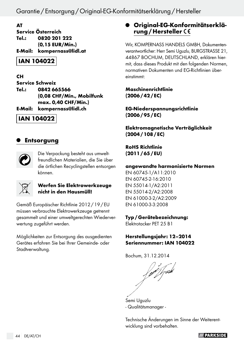 Entsorgung, Original-eg-konformitätserklä- rung / hersteller | Parkside PET 25 B1 User Manual | Page 44 / 45
