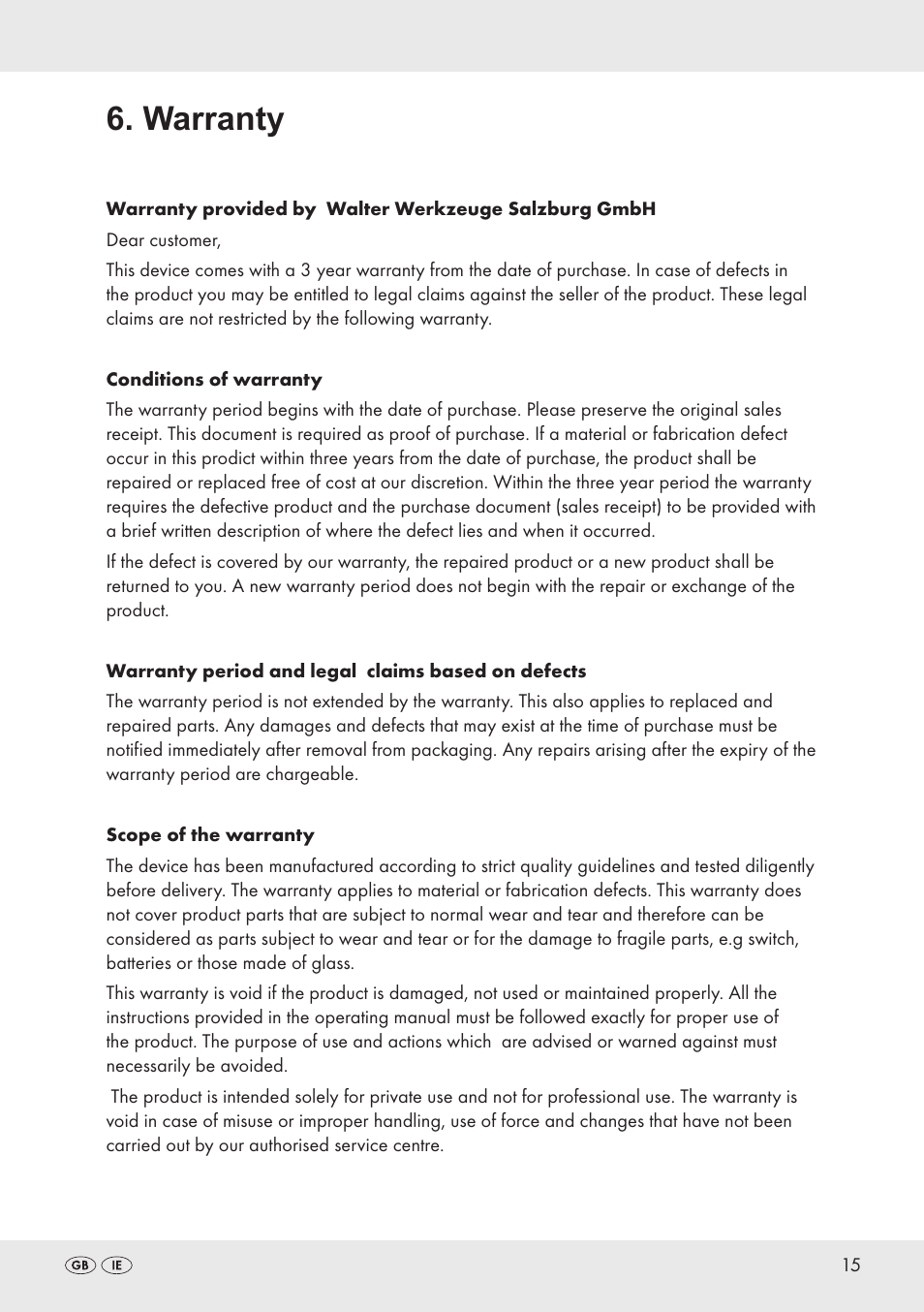 Warranty | Parkside PLBS 30 B2 User Manual | Page 15 / 20