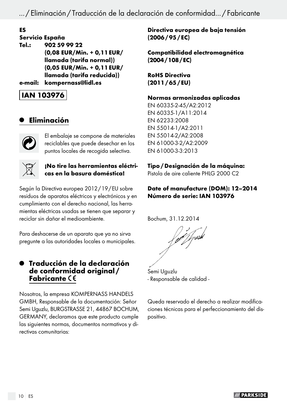 Indice | Parkside PHLG 2000 C2 User Manual | Page 10 / 35