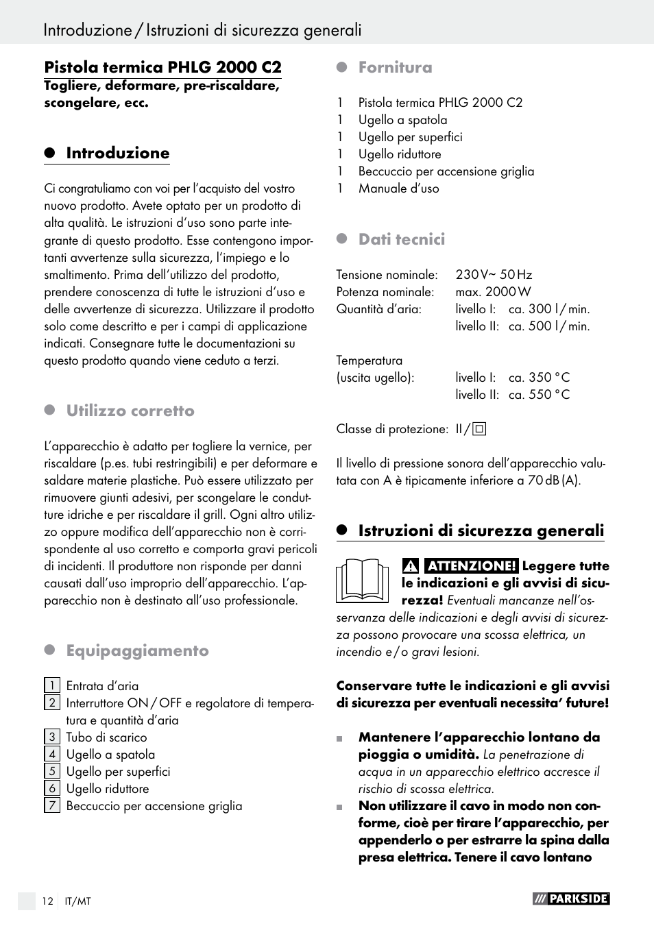 Introduzione, Utilizzo corretto, Equipaggiamento | Fornitura, Dati tecnici, Istruzioni di sicurezza generali | Parkside PHLG 2000 C2 User Manual | Page 12 / 35