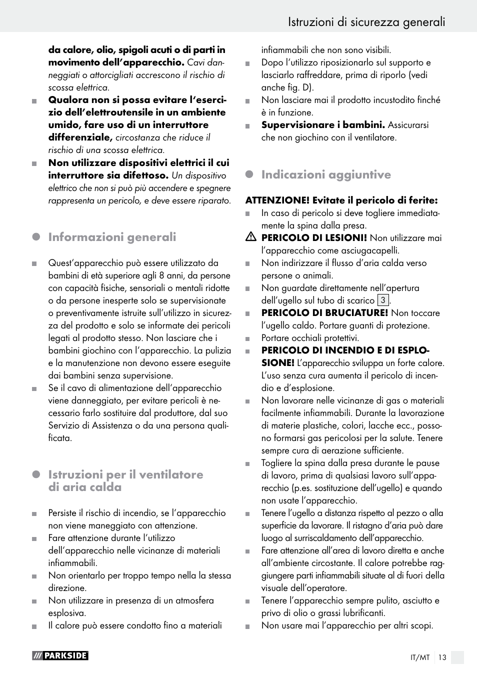 Informazioni generali, Istruzioni per il ventilatore di aria calda, Indicazioni aggiuntive | Parkside PHLG 2000 C2 User Manual | Page 13 / 35