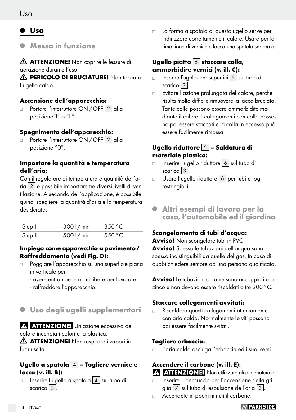 Uso / pulizia / service / garanzia uso, Messa in funzione, Uso degli ugelli supplementari | Parkside PHLG 2000 C2 User Manual | Page 14 / 35