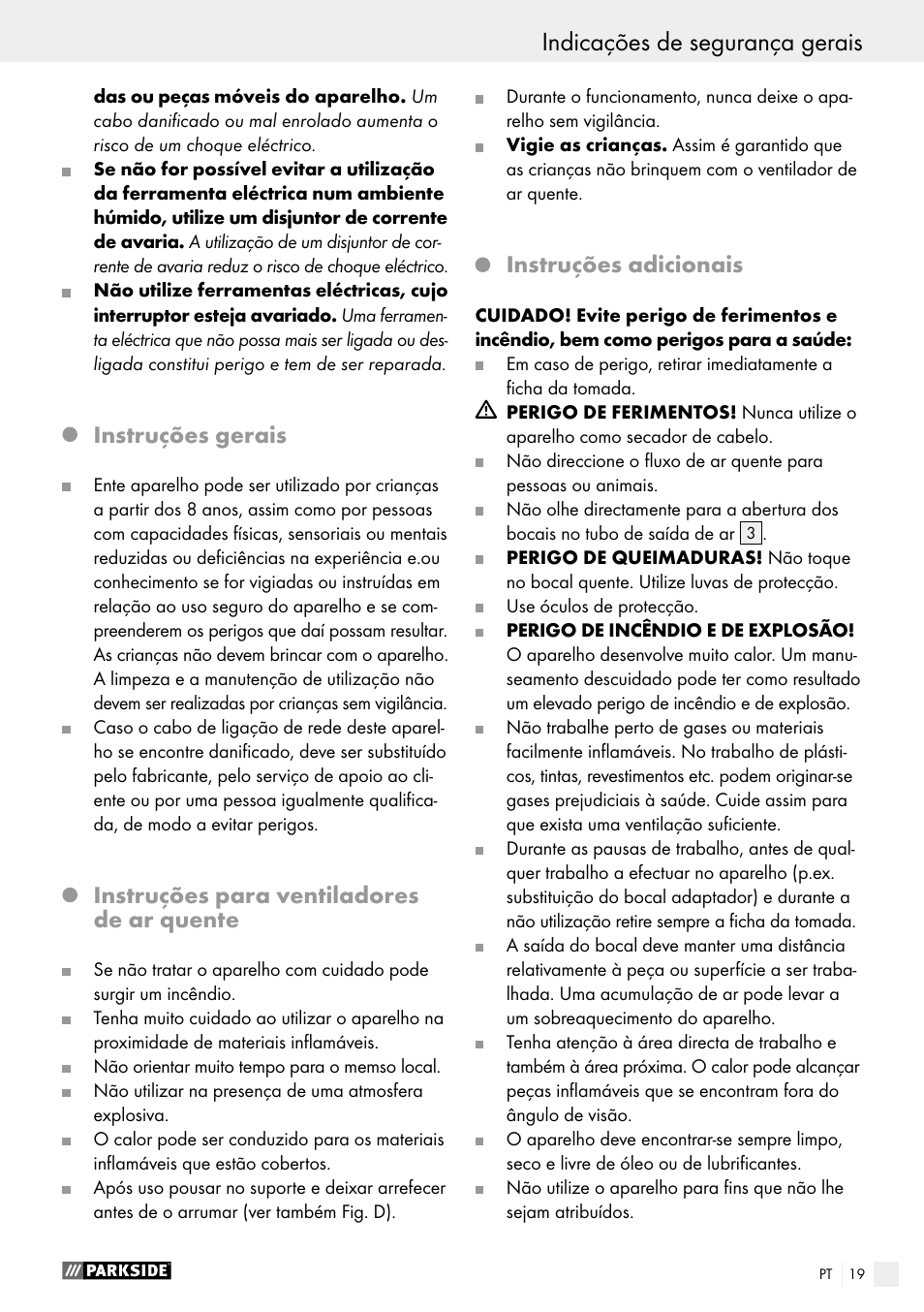 Instruções gerais, Instruções para ventiladores de ar quente, Instruções adicionais | Parkside PHLG 2000 C2 User Manual | Page 19 / 35