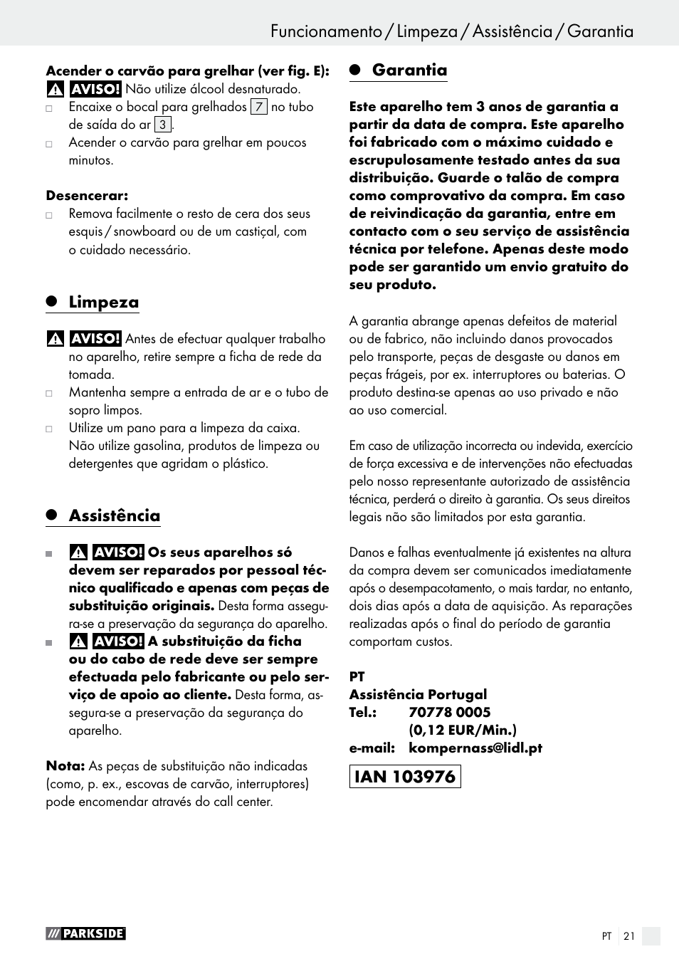 Limpeza, Assistência, Garantia | Parkside PHLG 2000 C2 User Manual | Page 21 / 35