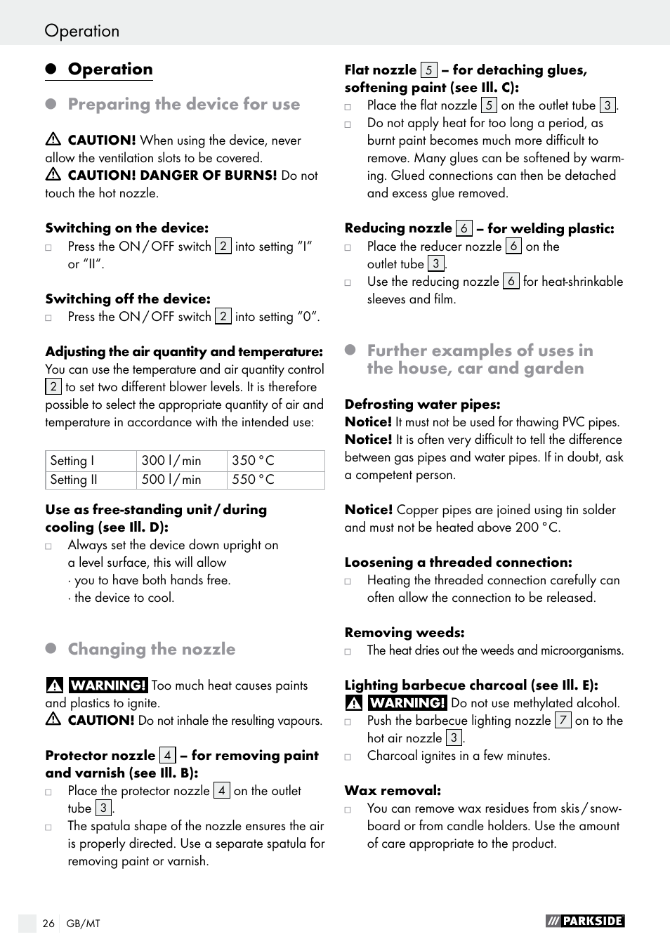 Cleaning / service / warranty / disposal operation, Operation, Preparing the device for use | Changing the nozzle | Parkside PHLG 2000 C2 User Manual | Page 26 / 35