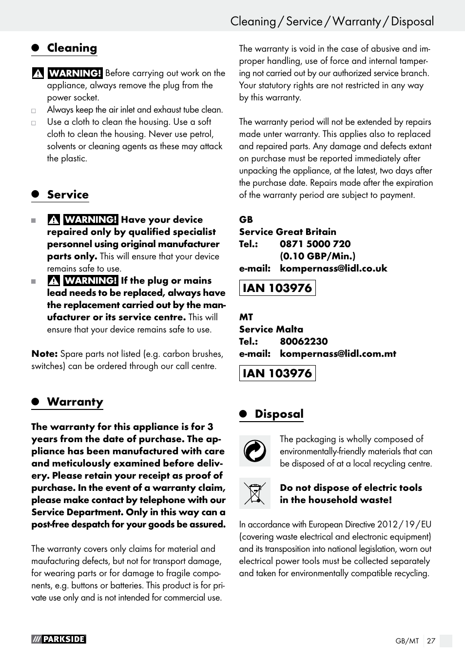 Cleaning / service / warranty / disposal operation, Cleaning, Service | Warranty, Disposal | Parkside PHLG 2000 C2 User Manual | Page 27 / 35