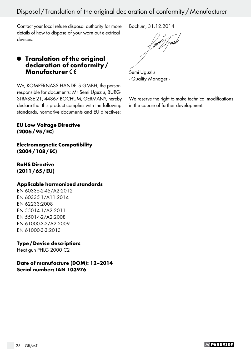 Parkside PHLG 2000 C2 User Manual | Page 28 / 35