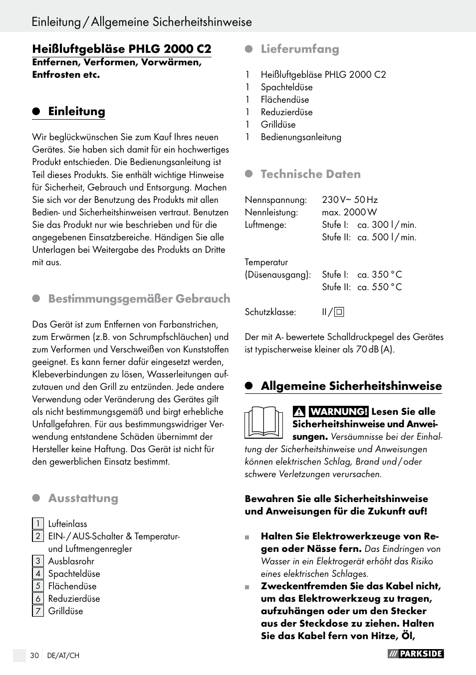 Einleitung, Bestimmungsgemäßer gebrauch, Ausstattung | Lieferumfang, Technische daten, Allgemeine sicherheitshinweise | Parkside PHLG 2000 C2 User Manual | Page 30 / 35