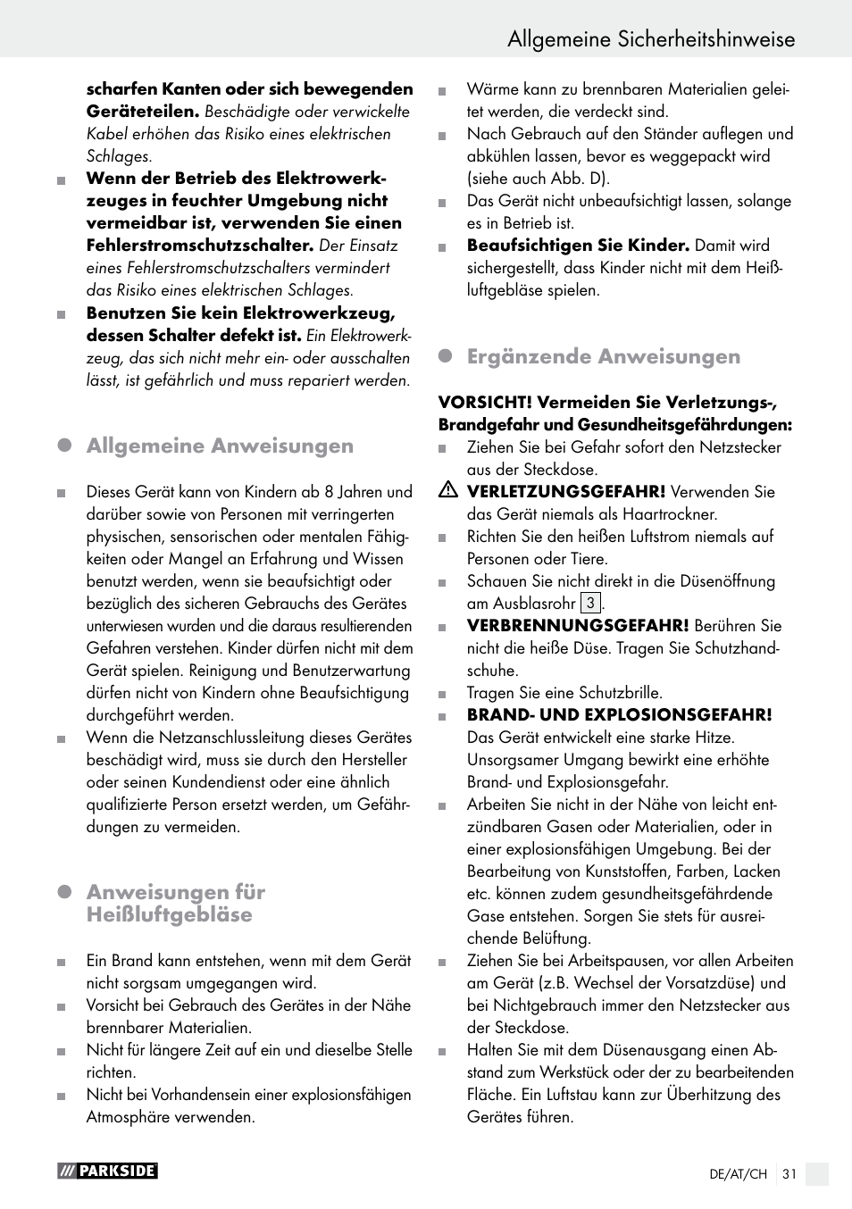 Einleitung / allgemeine sicherheitshinweise, Allgemeine sicherheitshinweise, Allgemeine anweisungen | Anweisungen für heißluftgebläse, Ergänzende anweisungen | Parkside PHLG 2000 C2 User Manual | Page 31 / 35