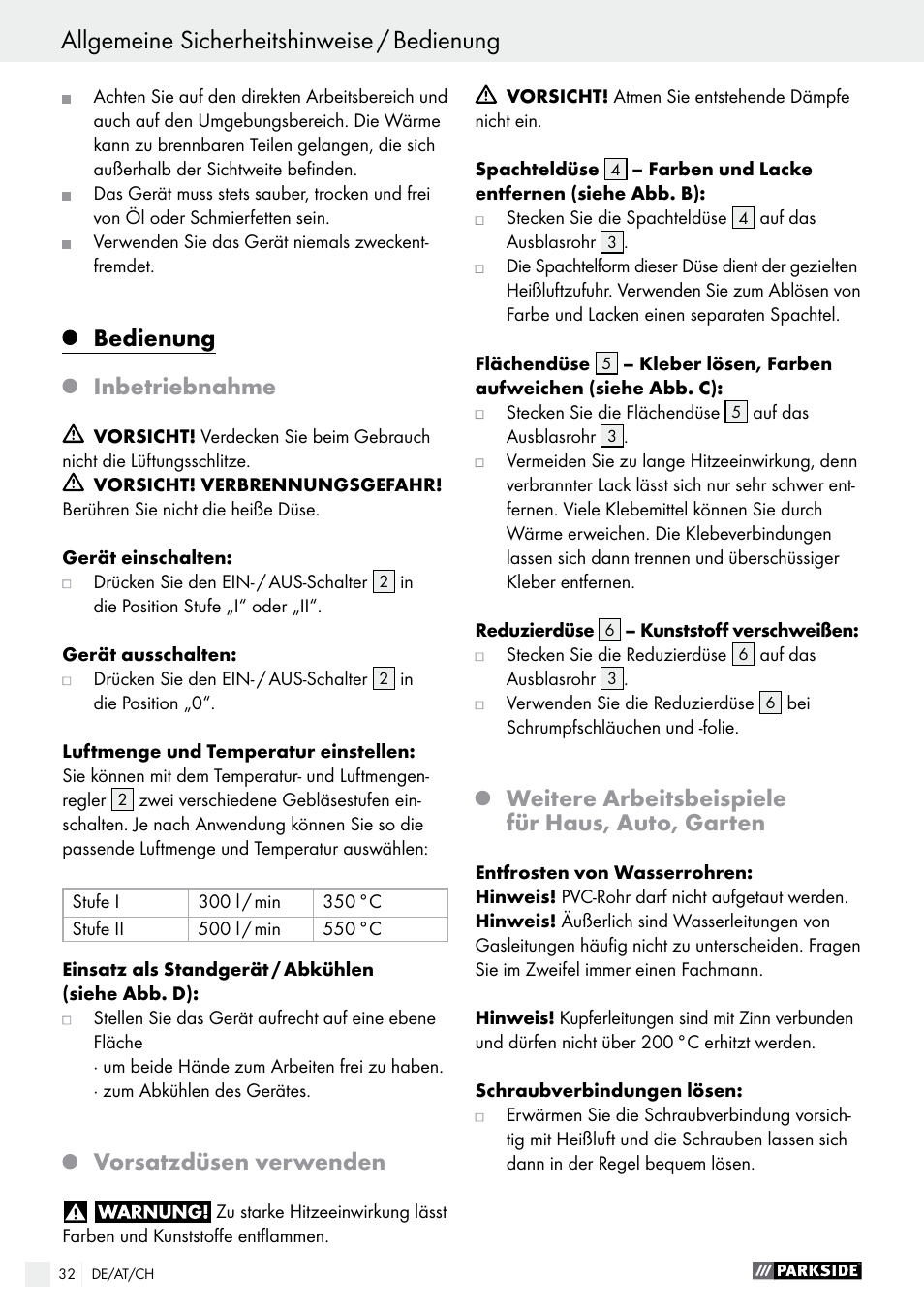 Bedienung inbetriebnahme, Vorsatzdüsen verwenden, Weitere arbeitsbeispiele für haus, auto, garten | Parkside PHLG 2000 C2 User Manual | Page 32 / 35