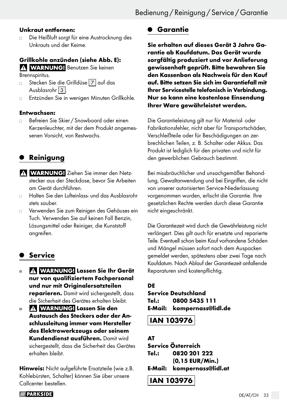 Reinigung, Service, Garantie | Parkside PHLG 2000 C2 User Manual | Page 33 / 35