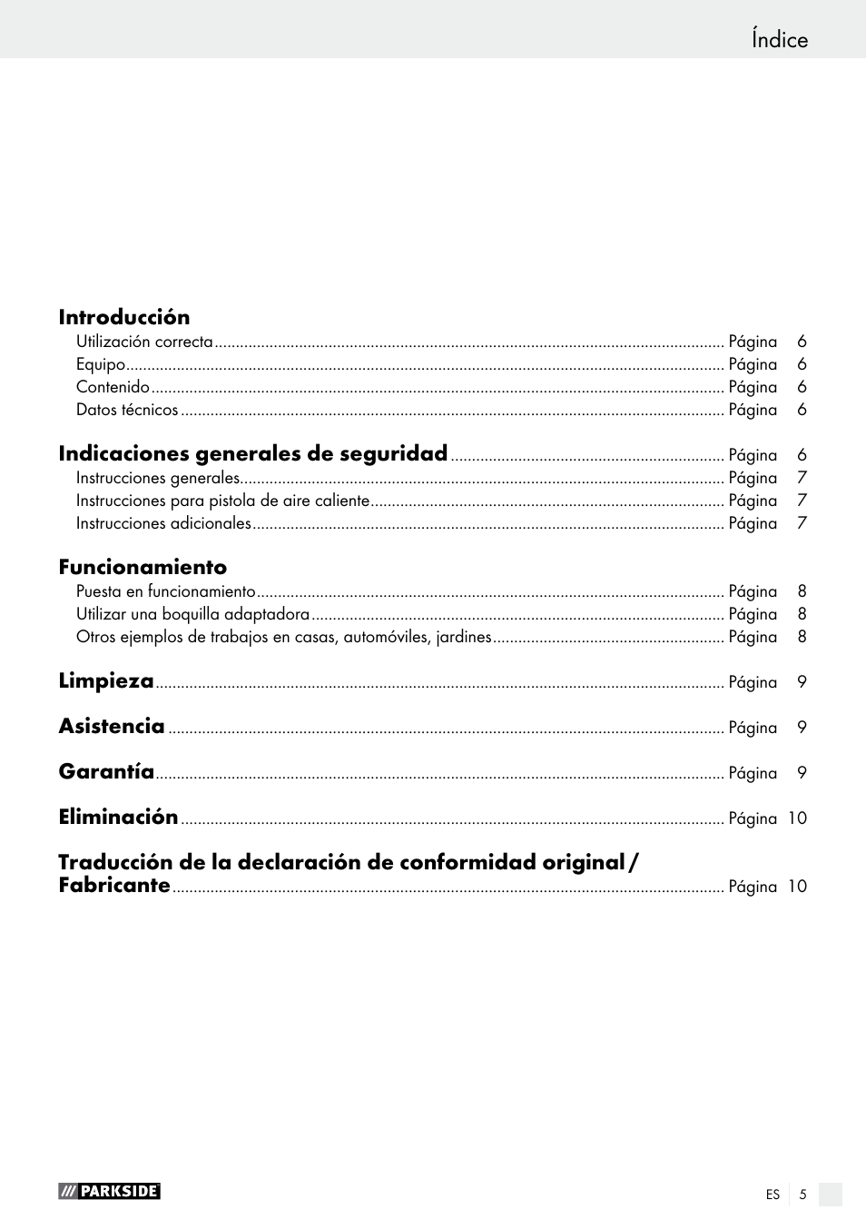 Índice | Parkside PHLG 2000 C2 User Manual | Page 5 / 35