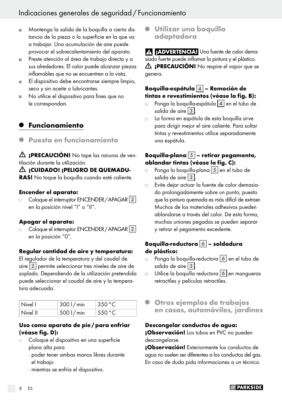 Funcionamiento, Puesta en funcionamiento, Utilizar una boquilla adaptadora | Parkside PHLG 2000 C2 User Manual | Page 8 / 35