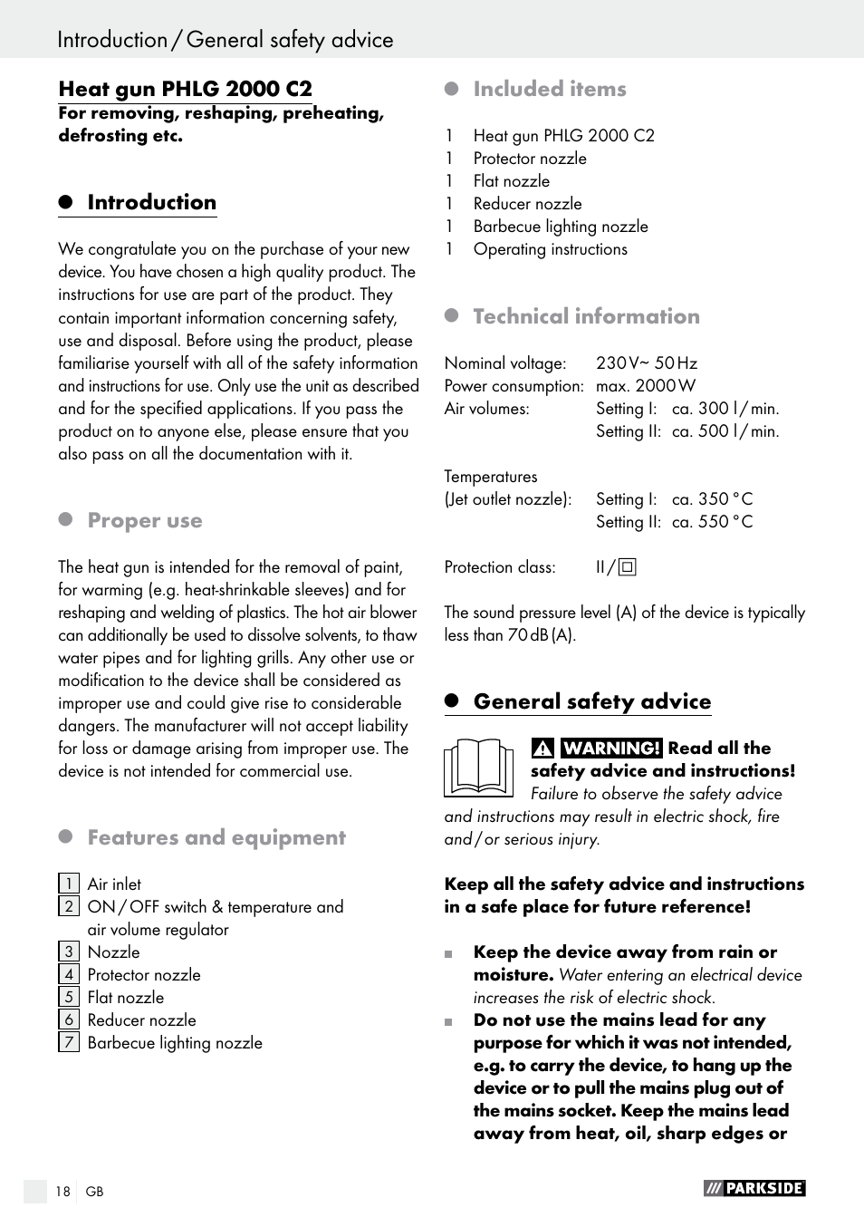 Introduction, Proper use, Features and equipment | Included items, Technical information, General safety advice | Parkside PHLG 2000 C2 User Manual | Page 18 / 23