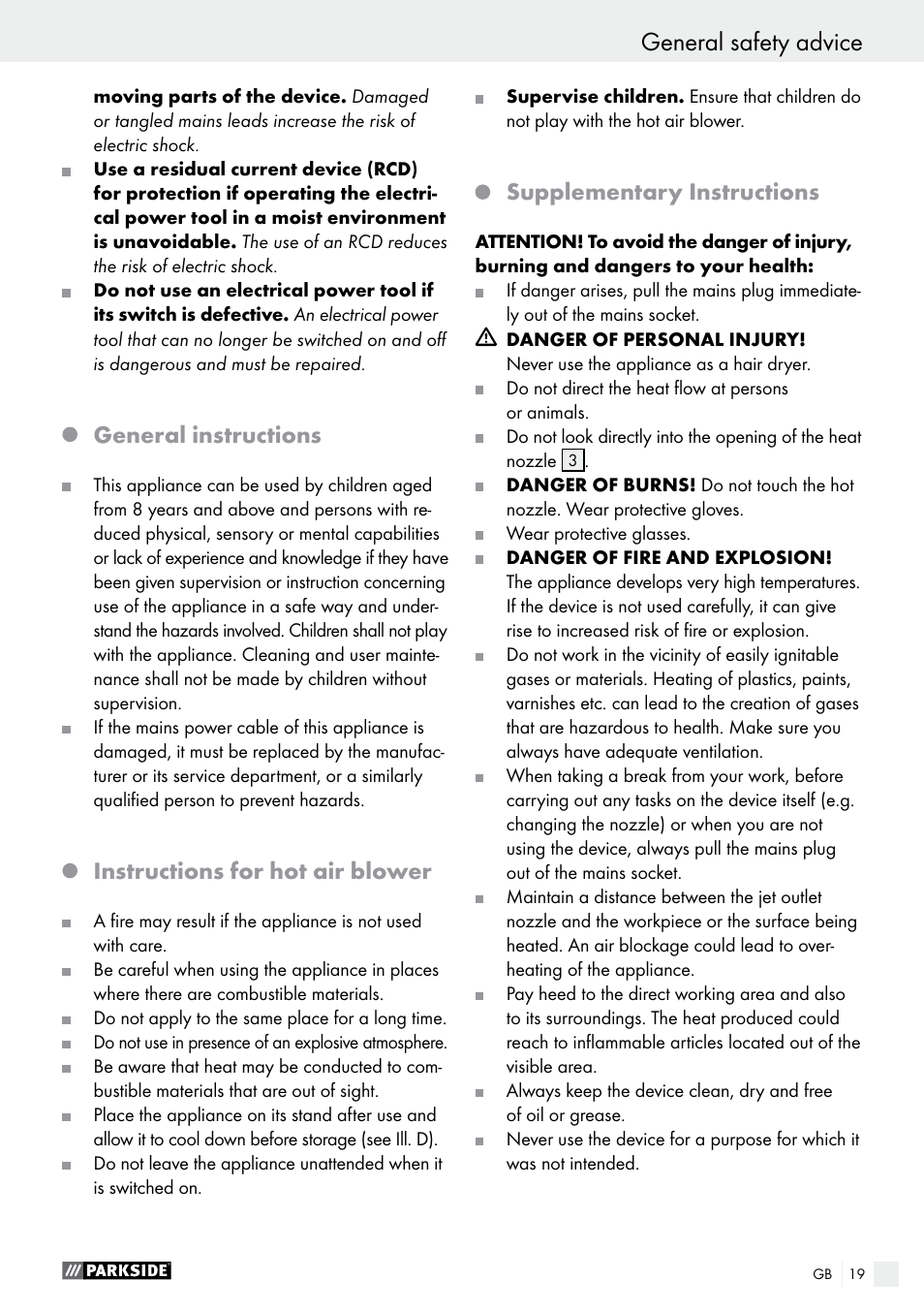 General safety advice, Introduction / general safety advice, General instructions | Instructions for hot air blower, Supplementary instructions | Parkside PHLG 2000 C2 User Manual | Page 19 / 23