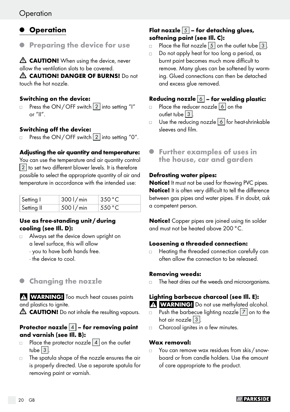 Cleaning / service / warranty / disposal operation, Operation, Preparing the device for use | Changing the nozzle | Parkside PHLG 2000 C2 User Manual | Page 20 / 23