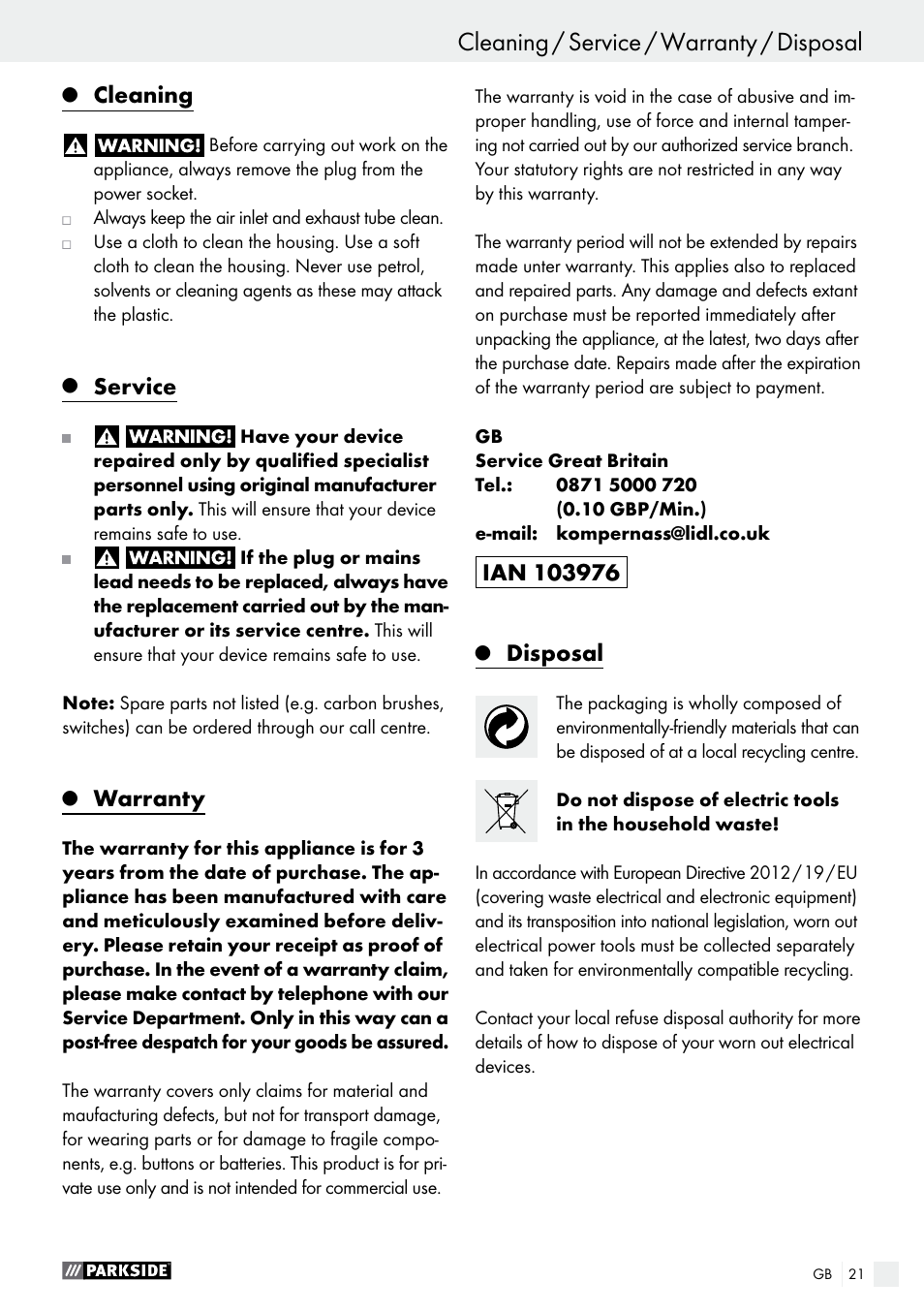 Cleaning / service / warranty / disposal operation, Cleaning, Service | Warranty, Disposal | Parkside PHLG 2000 C2 User Manual | Page 21 / 23