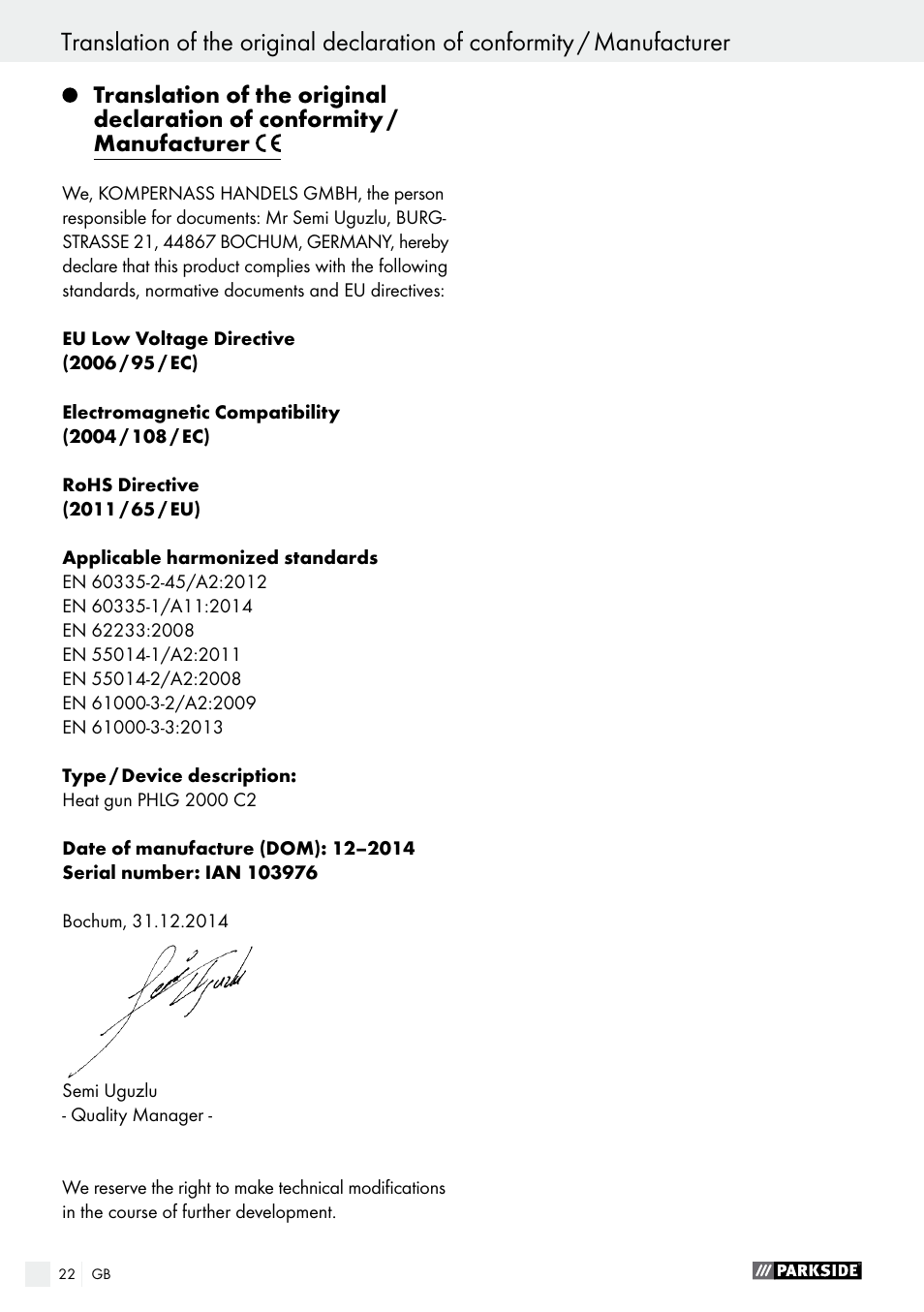 Parkside PHLG 2000 C2 User Manual | Page 22 / 23