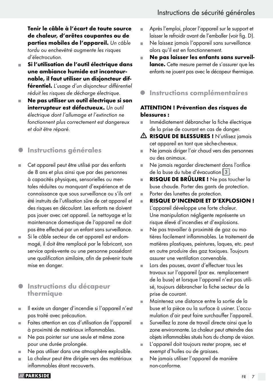 Instructions générales, Instructions du décapeur thermique, Instructions complémentaires | Parkside PHLG 2000 C2 User Manual | Page 7 / 23