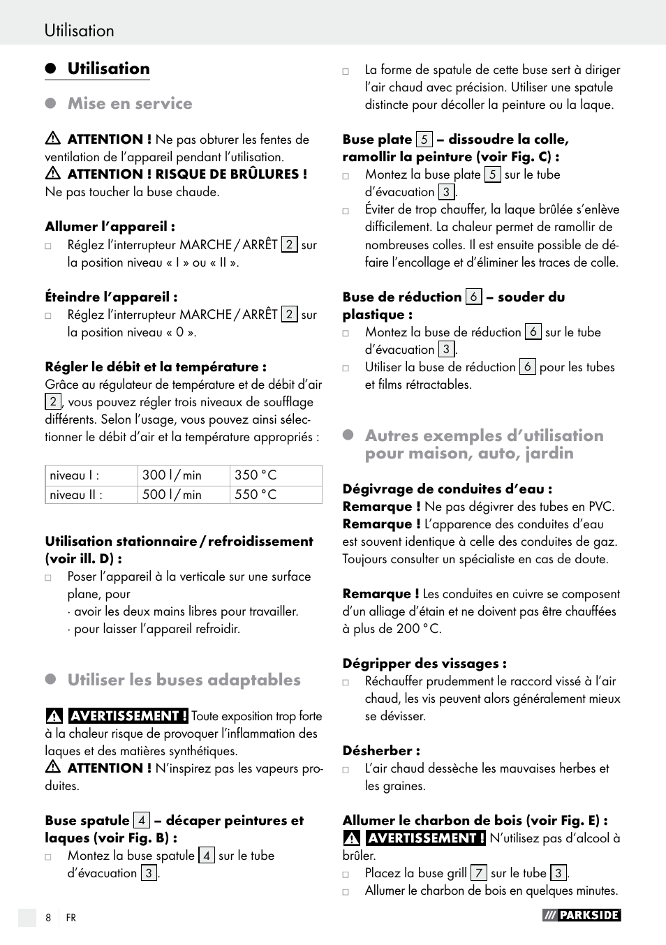 Utilisation, Mise en service, Utiliser les buses adaptables | Parkside PHLG 2000 C2 User Manual | Page 8 / 23