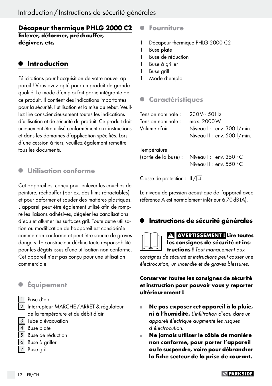 Introduction, Utilisation conforme, Équipement | Fourniture, Caractéristiques, Instructions de sécurité générales | Parkside PHLG 2000 C2 User Manual | Page 12 / 29