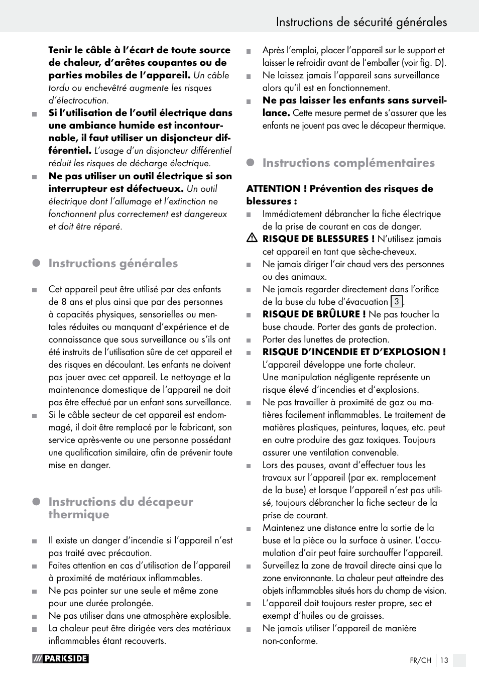 Instructions générales, Instructions du décapeur thermique, Instructions complémentaires | Parkside PHLG 2000 C2 User Manual | Page 13 / 29
