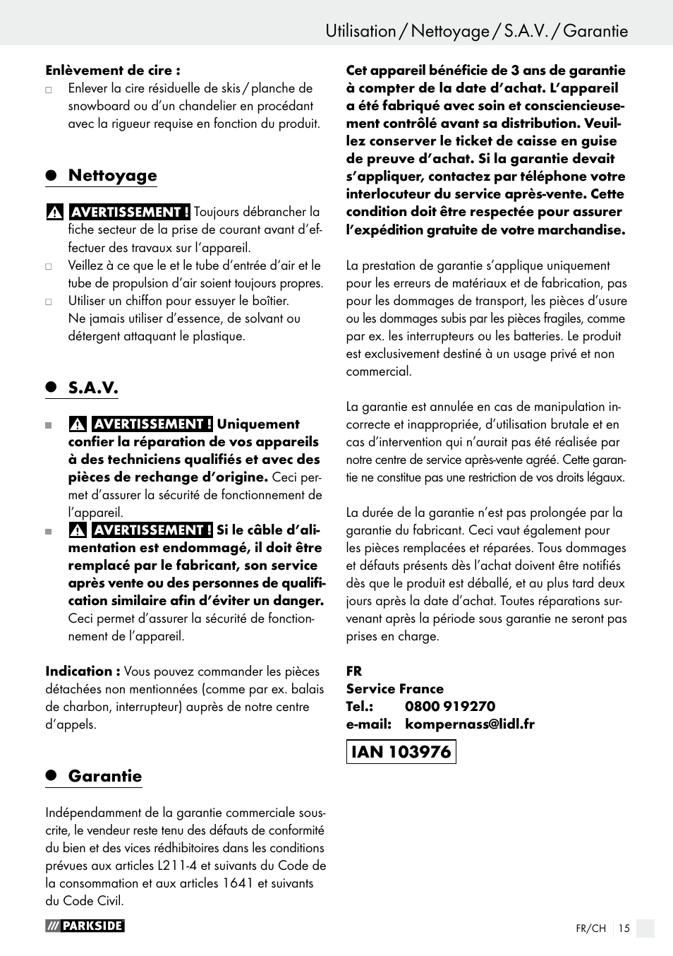 Nettoyage, S.a.v, Garantie | Parkside PHLG 2000 C2 User Manual | Page 15 / 29