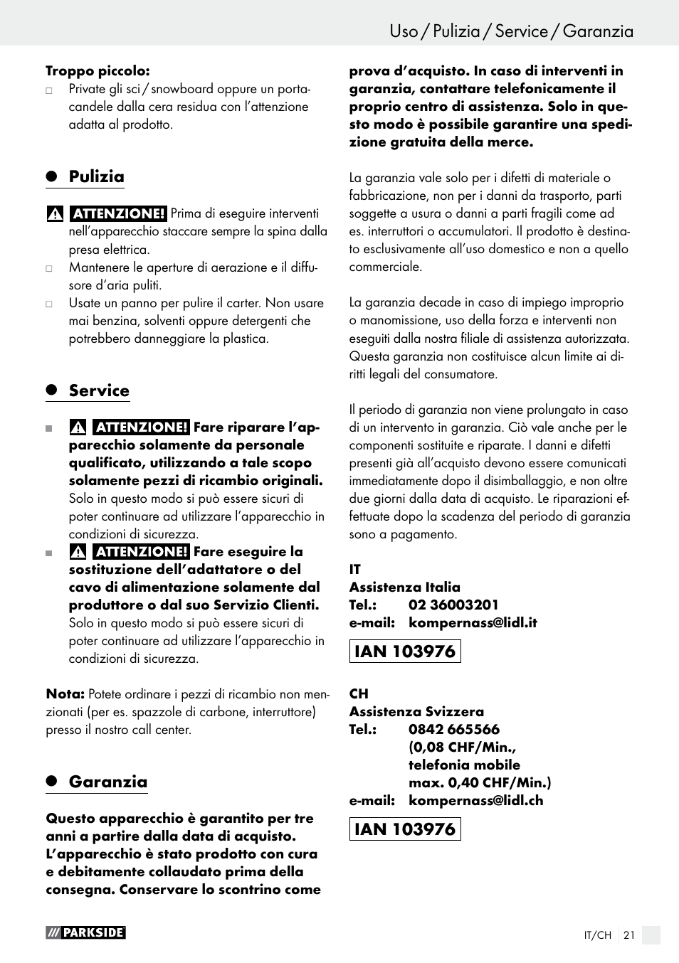 Uso / pulizia / service / garanzia uso, Pulizia, Service | Garanzia | Parkside PHLG 2000 C2 User Manual | Page 21 / 29