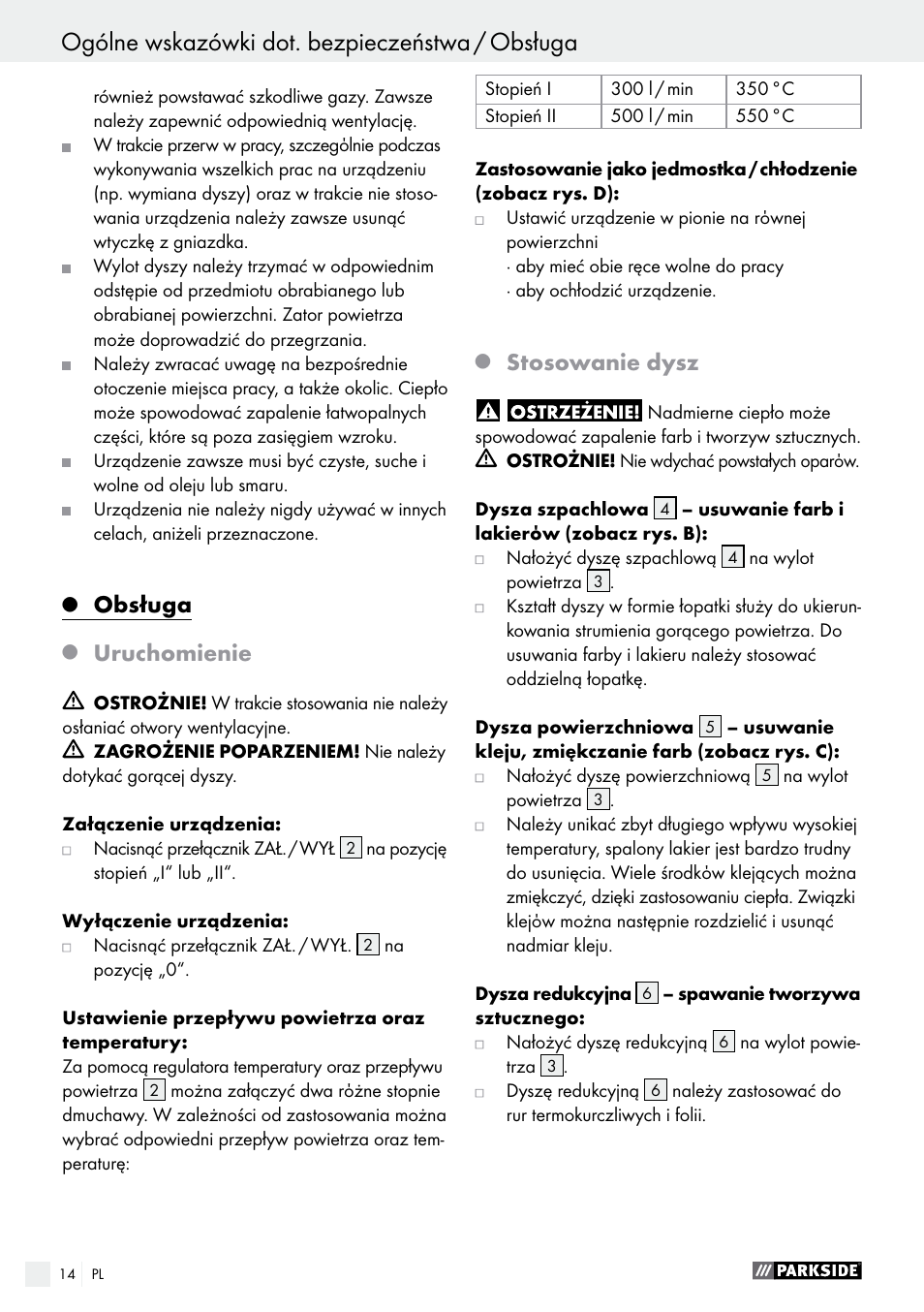 Ogólne wskazówki dot. bezpieczeństwa / obsługa, Obsługa / czyszczenie / serwis / gwarancja, Obsługa | Uruchomienie, Stosowanie dysz | Parkside PHLG 2000 C2 User Manual | Page 14 / 49