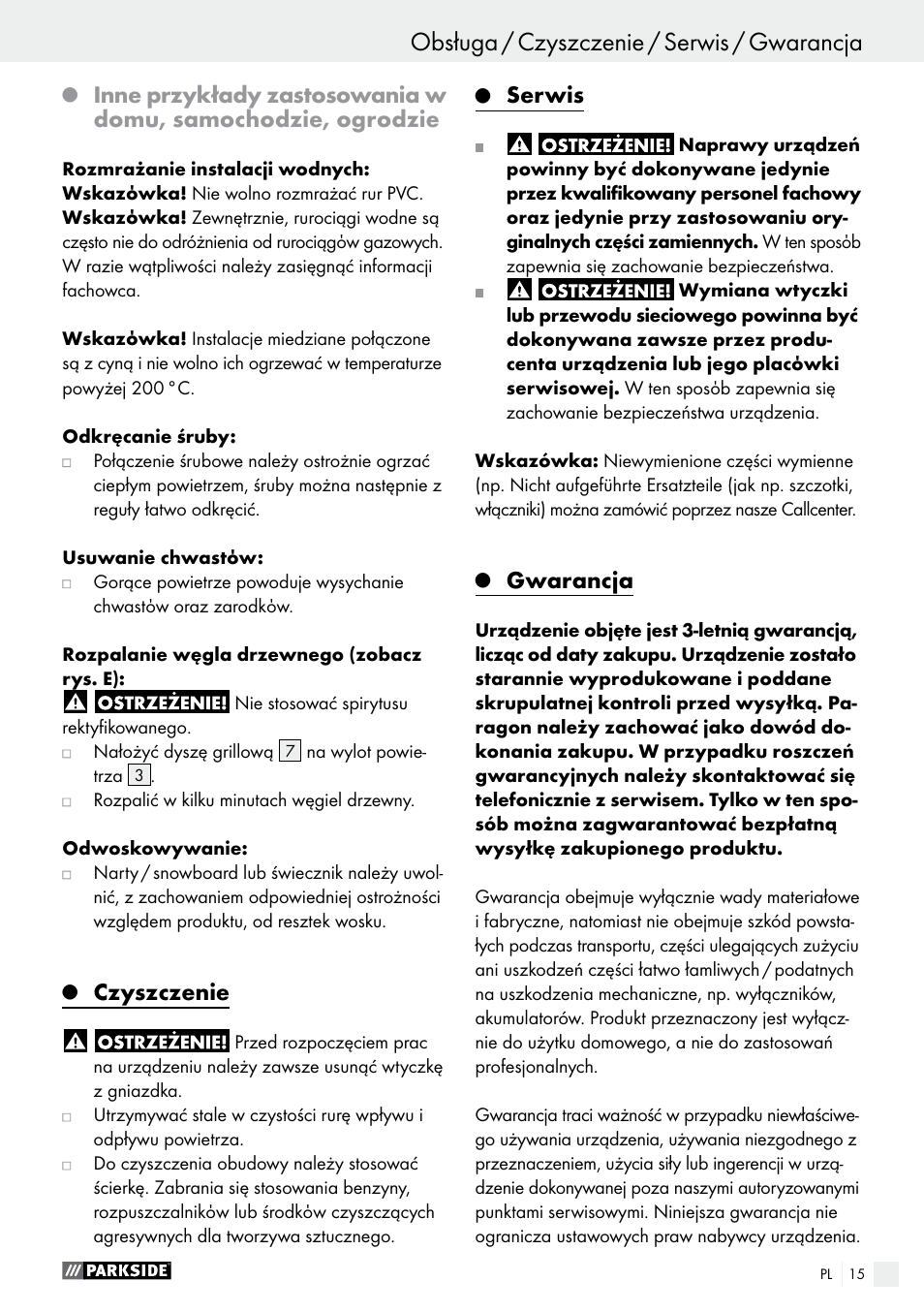 Czyszczenie, Serwis, Gwarancja | Parkside PHLG 2000 C2 User Manual | Page 15 / 49